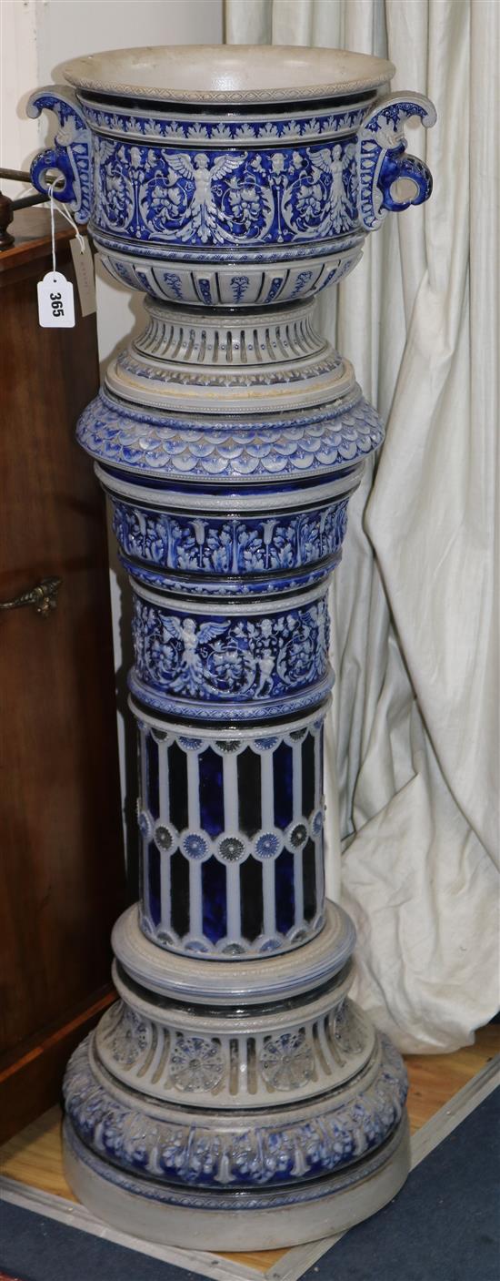 A German stoneware planter and pedestal, pedestal stamped P.W. 105 overall height 106.5cm